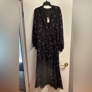Sz 12 Banana Republic Black and Purple Floral Long Sleeve Dress NWT